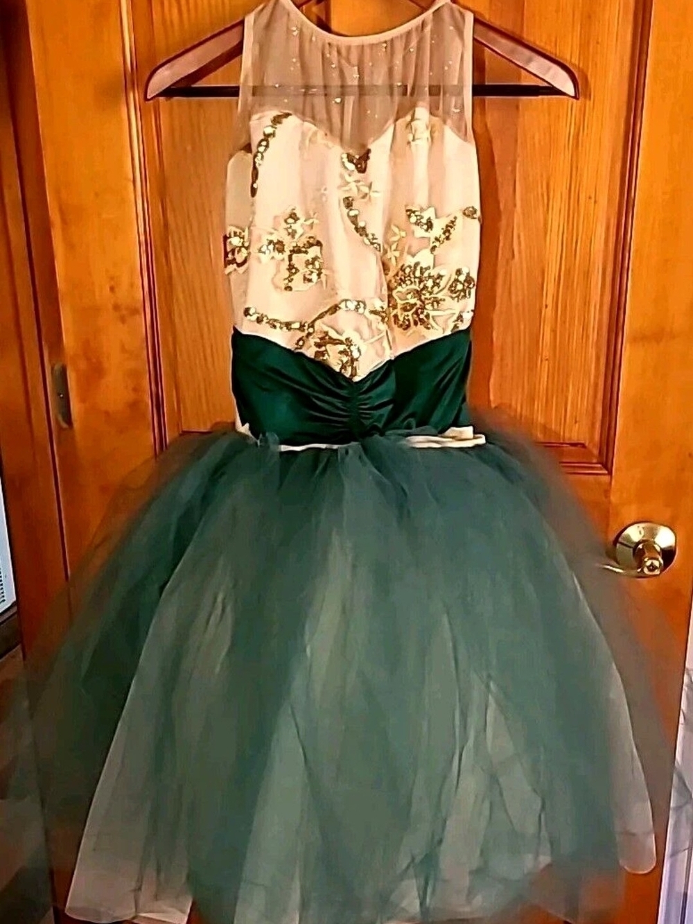 Ivory and Emerald Green Tulle Dance Costume Sequin Bodice Size MA By Dansco